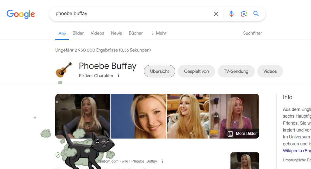 Eine stinkende Katze geht über den Bildschirmrand als Anlehnung an Phoebe Buffays Song "Smelly Cat"