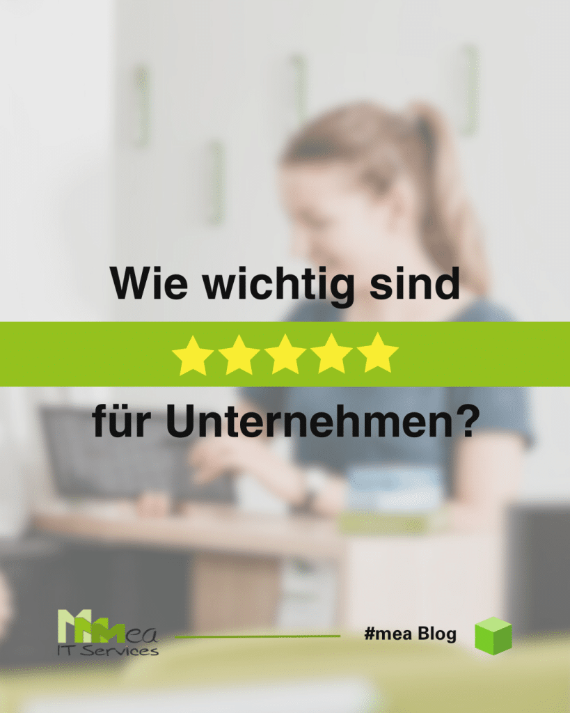Eine Frau zeigt ein Programm auf einem Tablet einer anderen Person. Im Vordergrund steht: "Wie wichtig sind fünf Sterne für Unternehmen?"