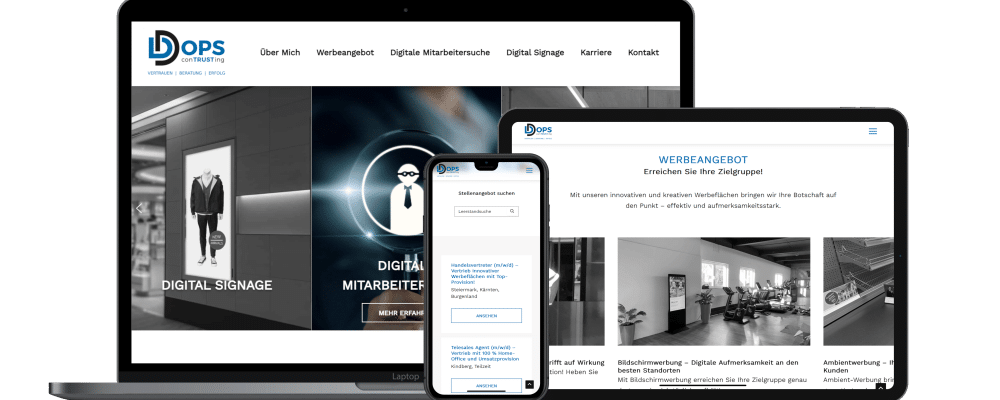 Desktop-, Tablet- und Smartphone-Bildschirm zeigen unterschiedliche Ausschnitte der Website