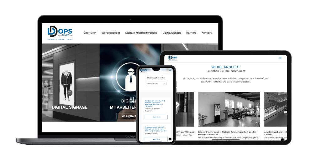 Desktop-, Tablet- und Smartphone-Bildschirm zeigen unterschiedliche Ausschnitte der Website