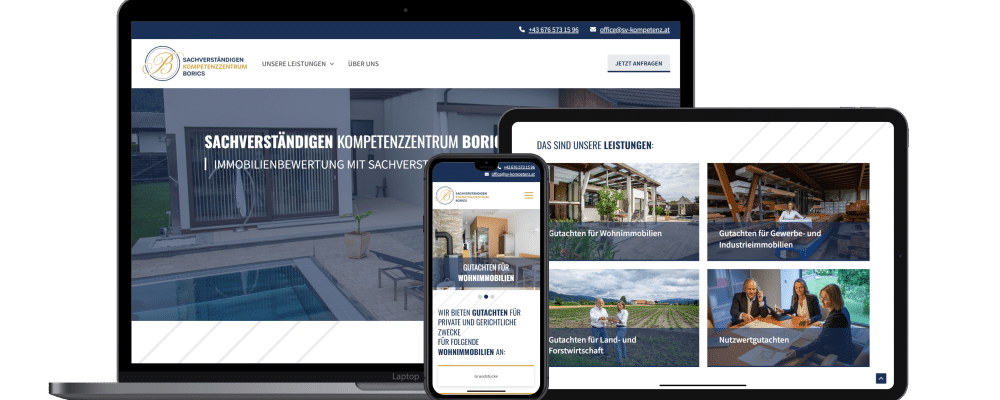 Desktop-, Tablet- und Smartphone-Bildschirm zeigen unterschiedliche Ausschnitte der Website