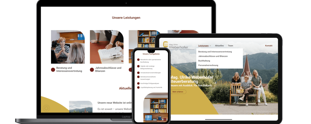 Desktop-, Tablet- und Smartphone-Bildschirm zeigen unterschiedliche Ausschnitte der Website