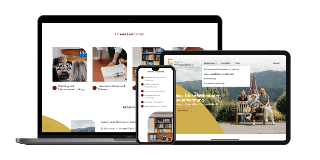 Desktop-, Tablet- und Smartphone-Bildschirm zeigen unterschiedliche Ausschnitte der Website