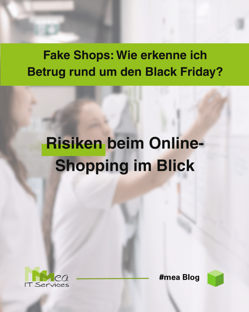 Im Vordergrund steht der Text: "Fake Shops: Wie erkenne ich Betrug rund um den Black Friday?" und "Risiken beim Online-Shopping im Blick". Im Hintergrund stehen zwei Frauen mit weißen T-Shirts vor einem Whiteboard und eine der beiden schreibt gerade etwas.