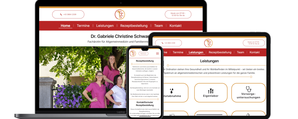 Desktop-, Tablet- und Smartphone-Bildschirm zeigen unterschiedliche Ausschnitte der Website