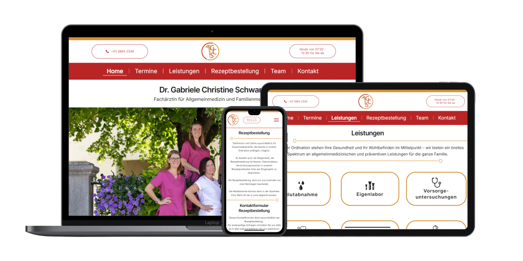 Desktop-, Tablet- und Smartphone-Bildschirm zeigen unterschiedliche Ausschnitte der Website