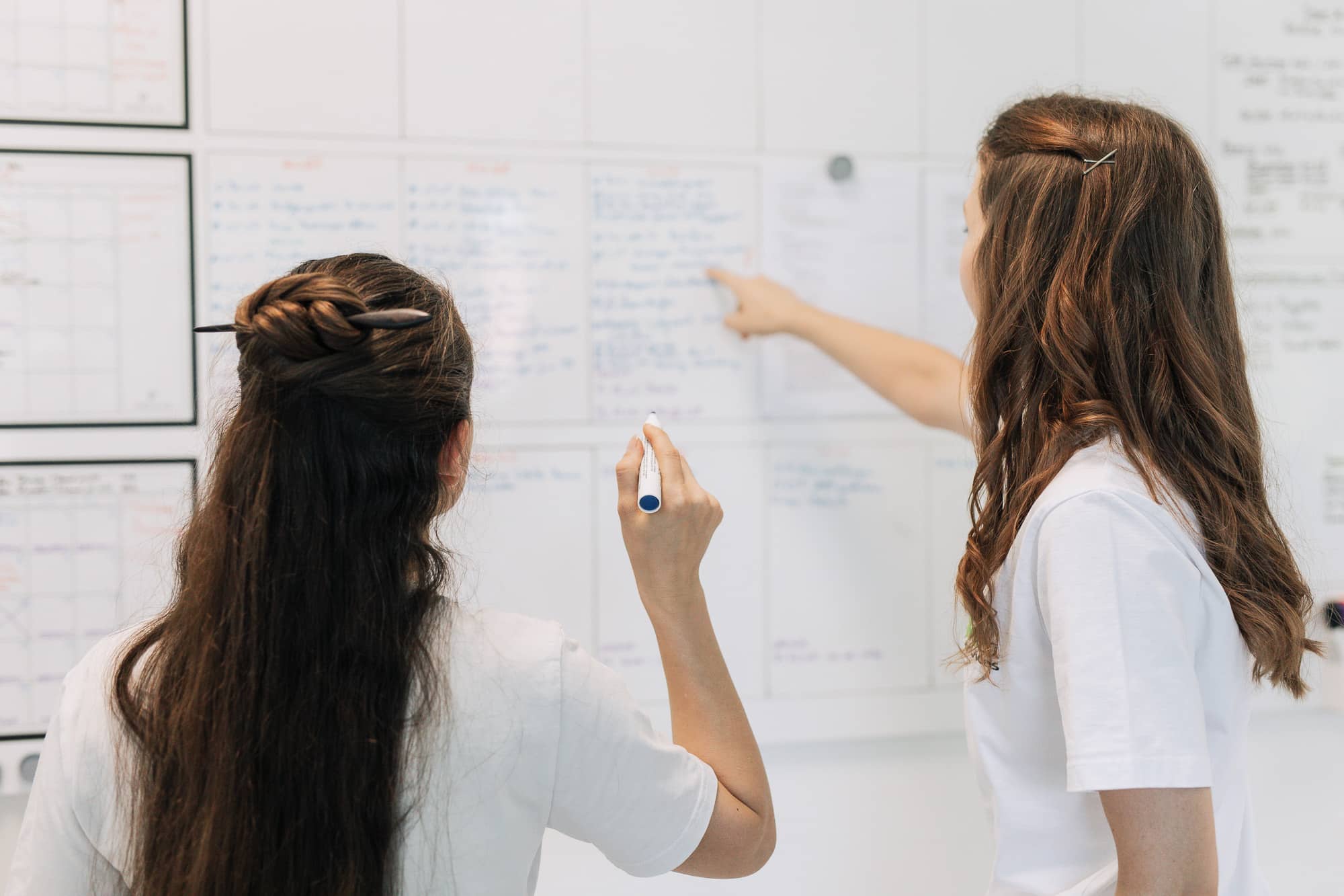 Zwei Frauen stehen mit dem Rücken zur Kamera vor einem Whiteboard und planen die nächsten Schritte
