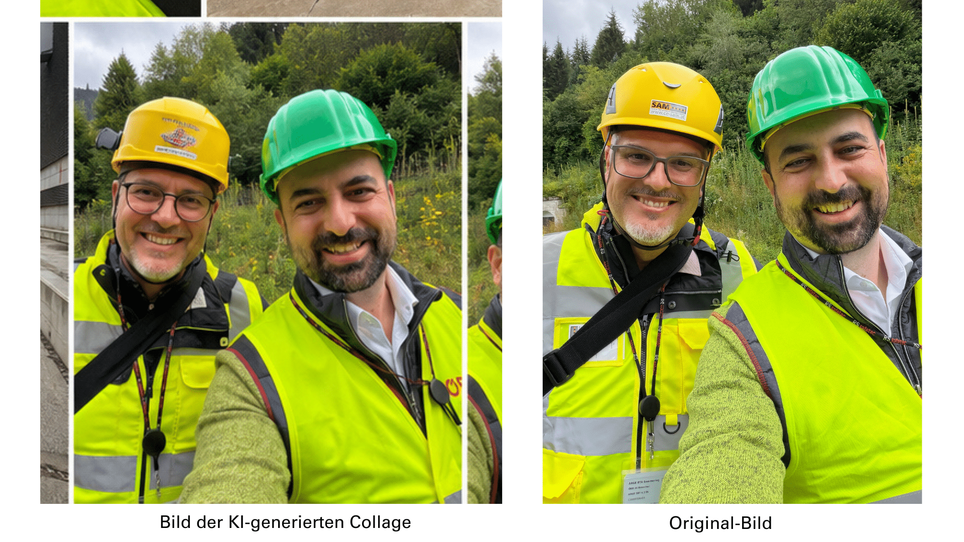 Bild der KI-generierten Collage (Blogbeitrag) Vergleich des KI-generierten Bildes mit dem Original-Bild. Es sind feine Unterschiede zu erkennen, sodass die Personen nicht mehr wie dieselbe aussehen.