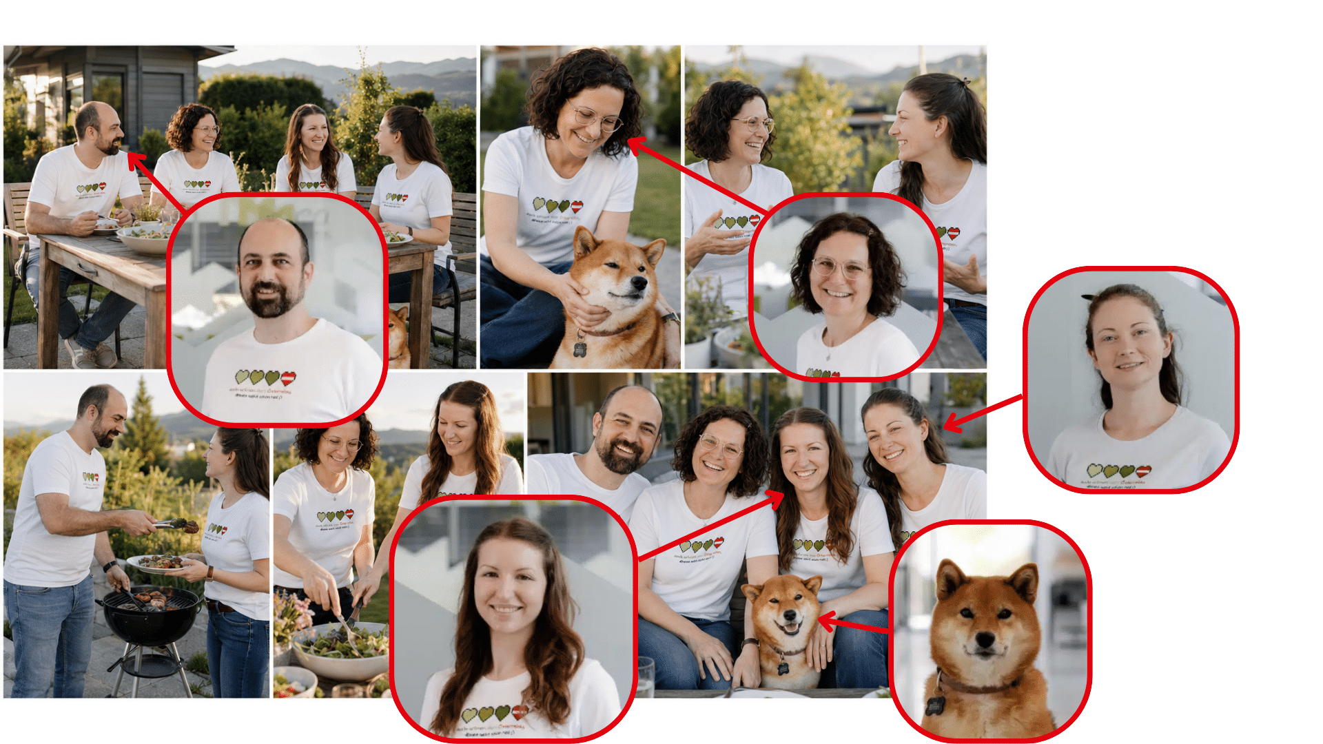 Eine Kollage der Mitarbeiter von mea IT Services, die zusammen grillen. Vergleichsbilder zeigen, dass das KI generierte Gruppenbild die Gesichter eindeutig verändert hat.